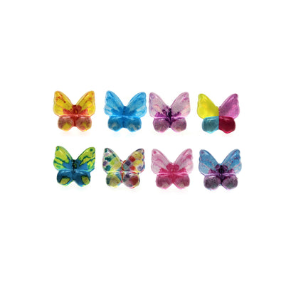 A collection of colorful butterfly-shaped stud earrings in various colors displayed against a white background.