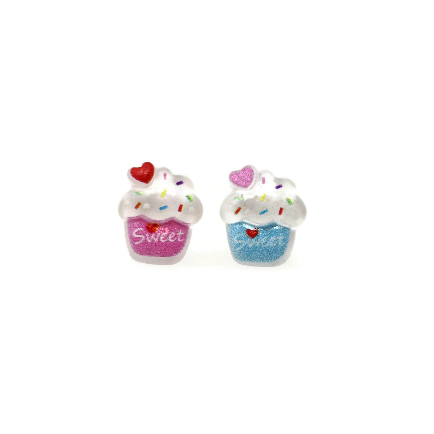 A pair of cupcake-shaped stud earrings in pink and blue colors with decorative sprinkles and a heart on top, displayed against a white background.