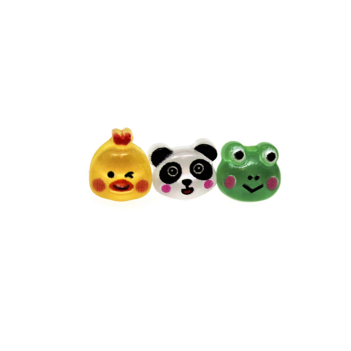 A set of three colorful stud earrings featuring a chicken, frog, and panda design in resin material.