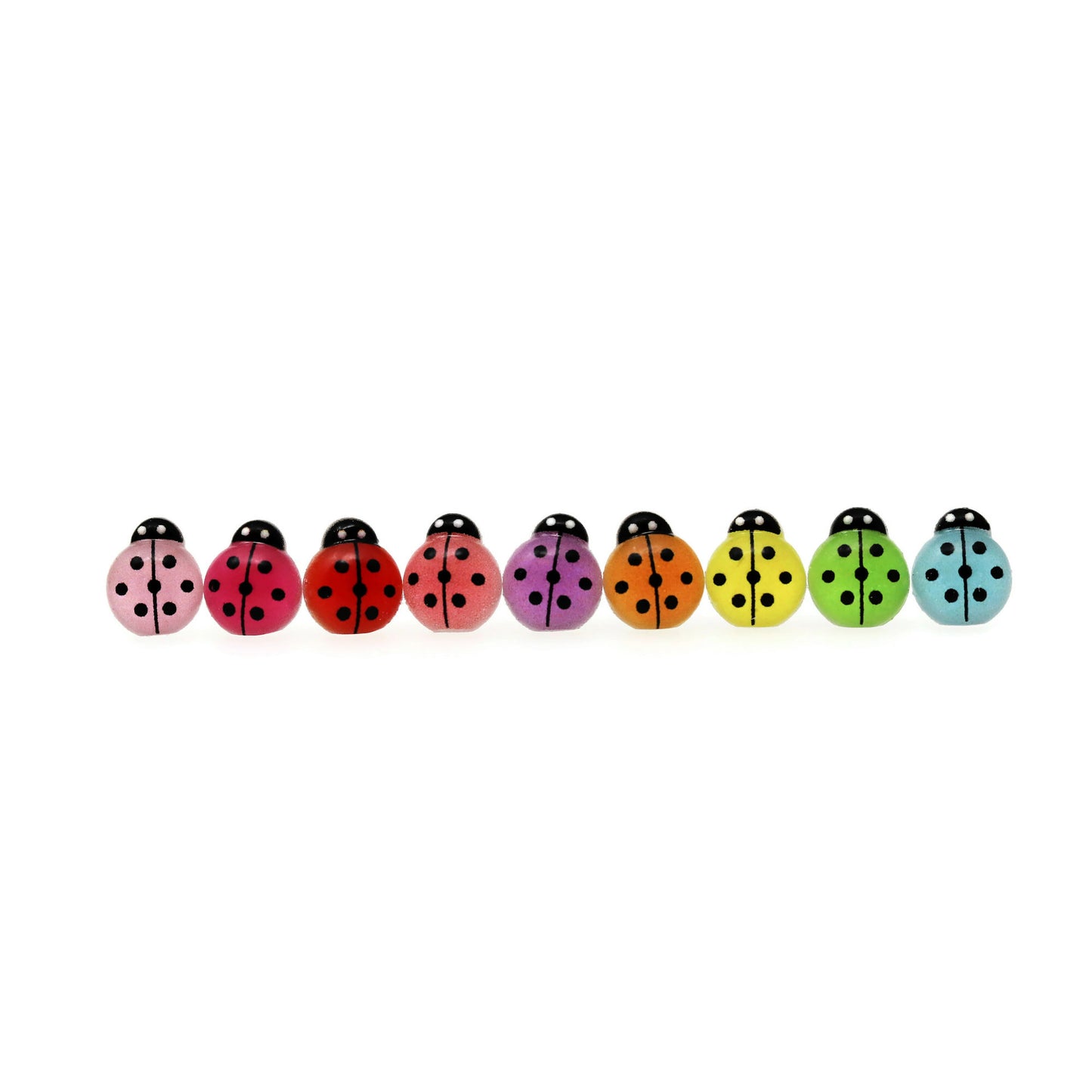 A series of ladybug stud earrings in various colors, aligned in a row.