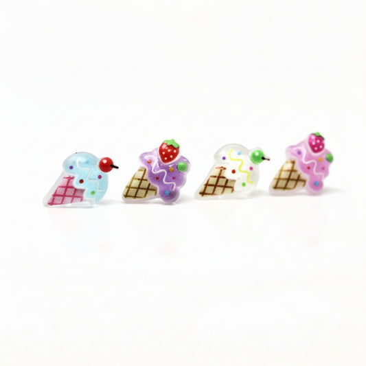 A set of colorful ice cream cone stud earrings in various flavors, including strawberry, chocolate, and vanilla.