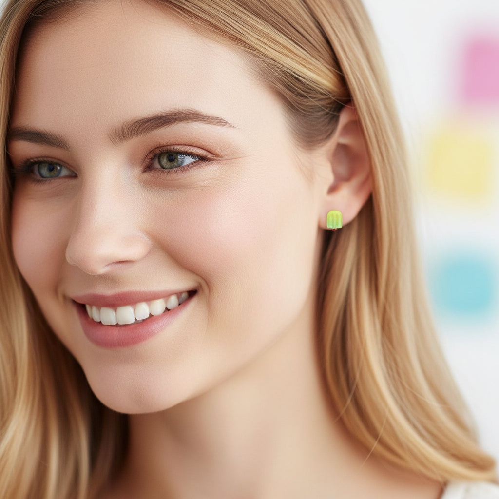 yellow ice pop earrings in an ear