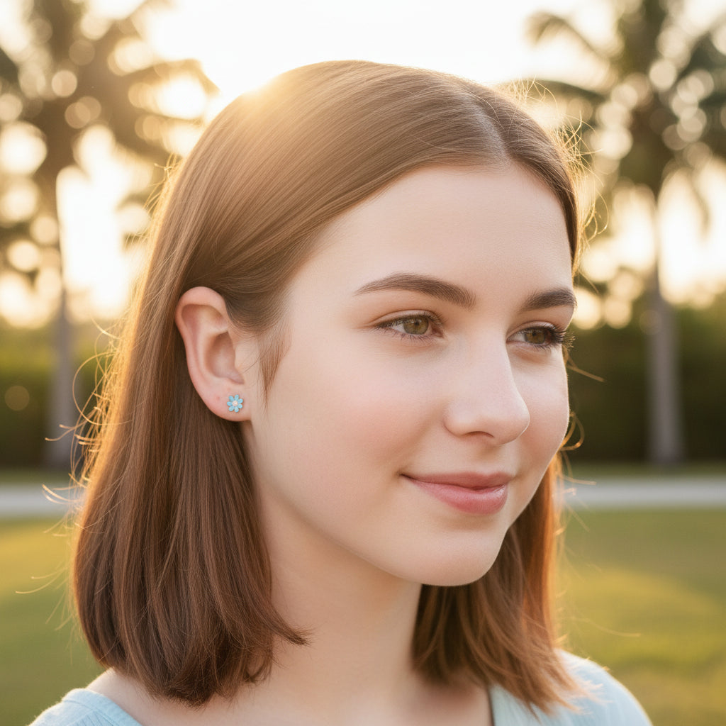 stainless steel daisy stud earrings with 18k gold PVD nickel-free finish in various colors.