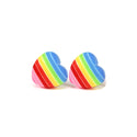 A pair of rainbow striped heart-shaped stud earrings on a white background.