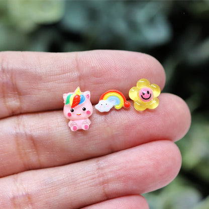 pink unicorn, tiny rainbow and yellow smiley face flower earring gift set