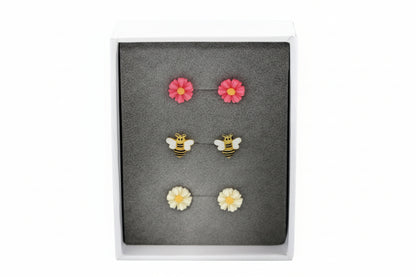 Pink Daisy, Bumble Bee, White Daisy Stud Earrings - Gift Set
