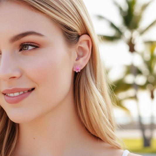 pink smiley face flower earrings