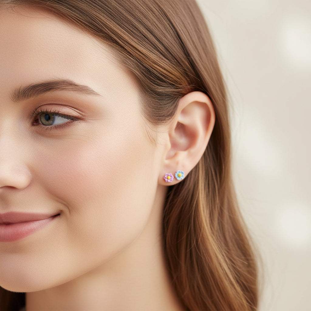 purple and blue 6mm flower earrings in an ear