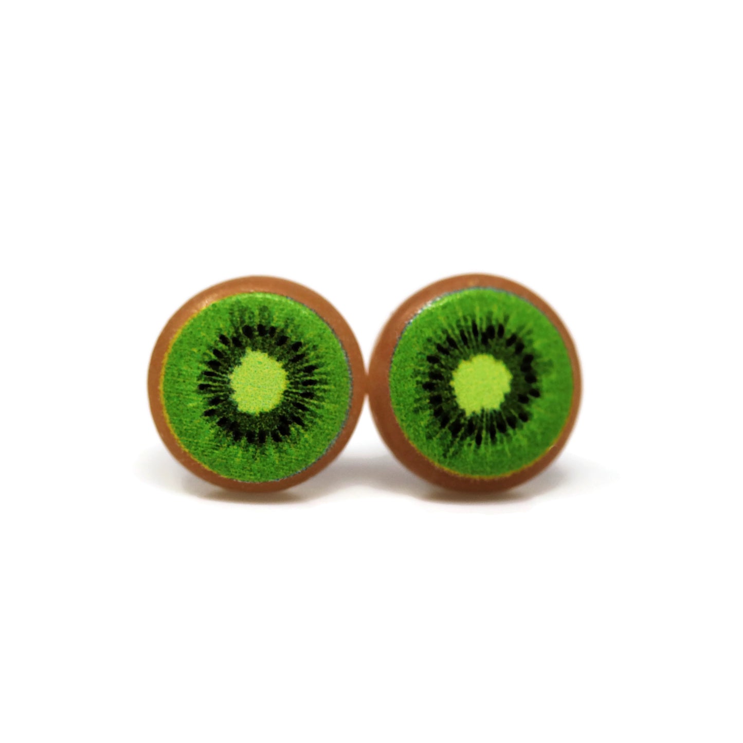 A pair of kiwi slice stud earrings made from resin, with options for different post styles including invisible clip-on, plastic post, titanium post, and screw-on flat back.