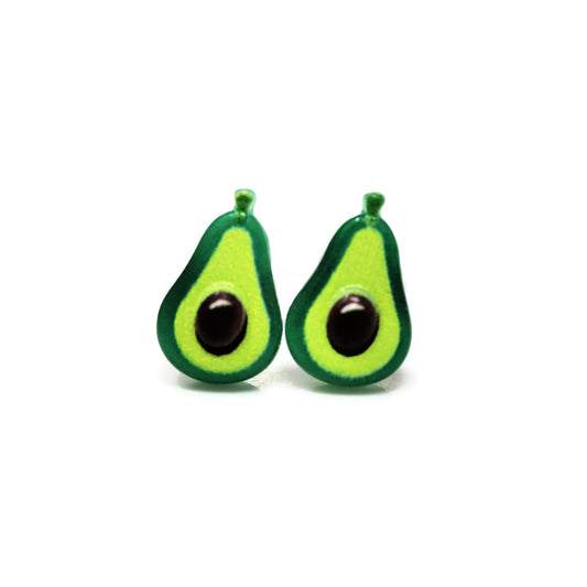 A pair of green avocado-shaped stud earrings against a white background.