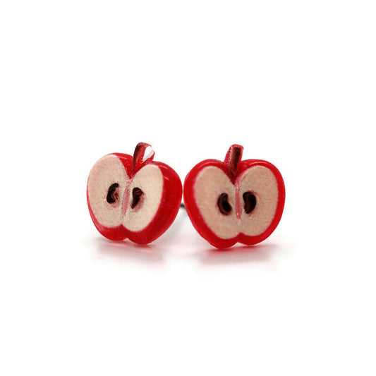 A pair of red apple-shaped stud earrings made of resin, displayed against a white background.