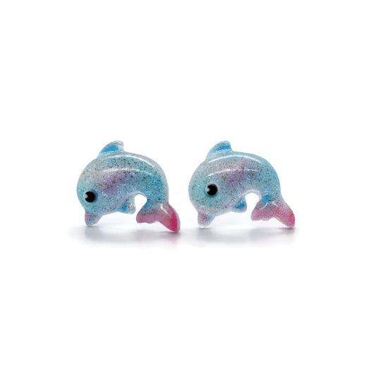 A pair of blue resin dolphin stud earrings with a shimmery blue, designed for pierced ears.