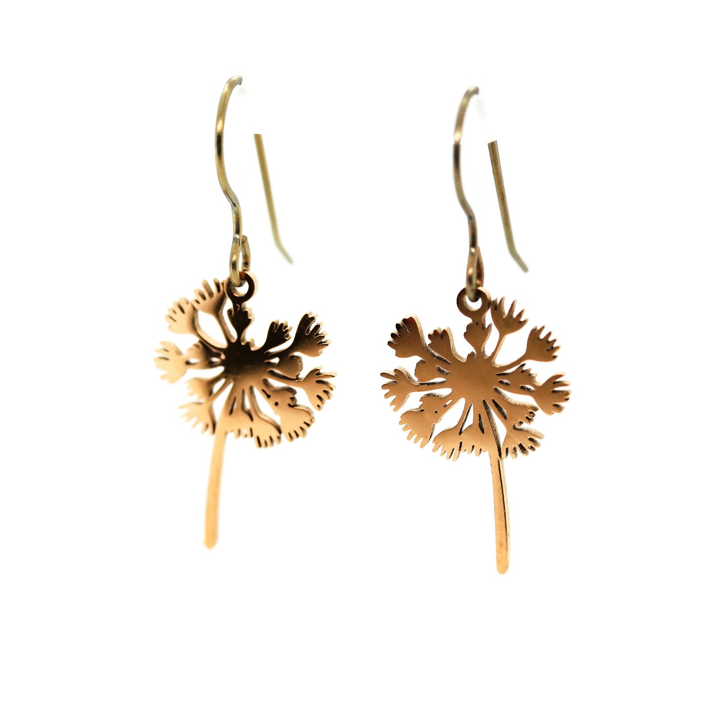 Gold dandelion-shaped earrings on a white background