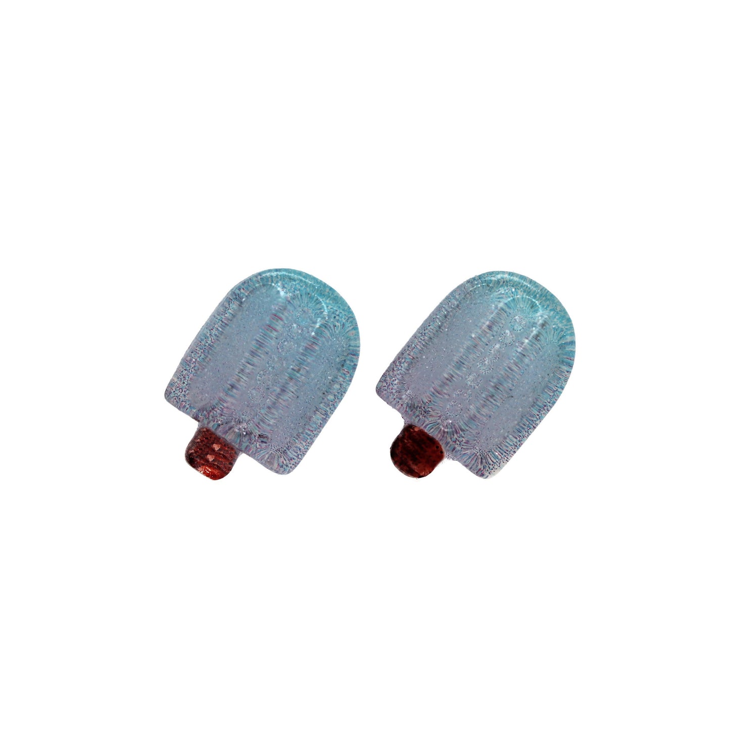 Pair of blue ice pop earrings on a white background