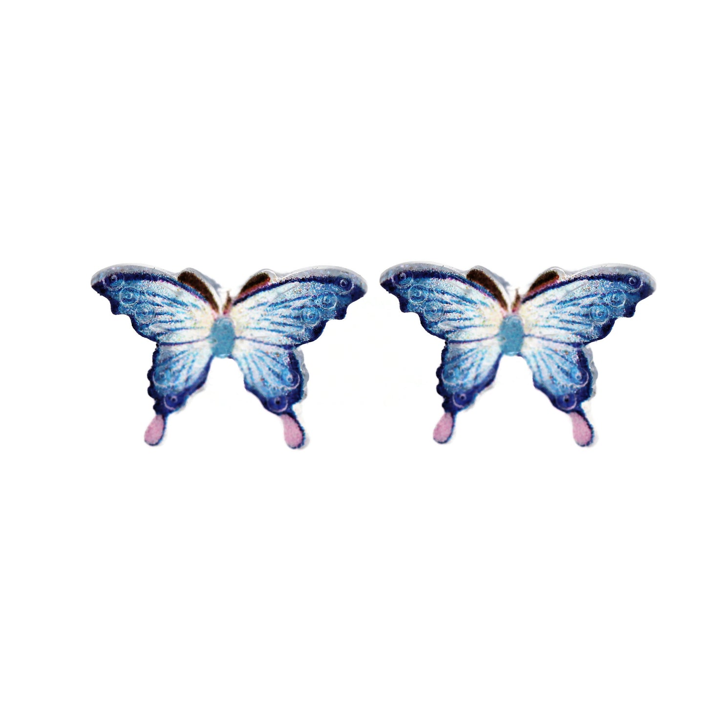 Pair of blue butterfly earrings on a white background
