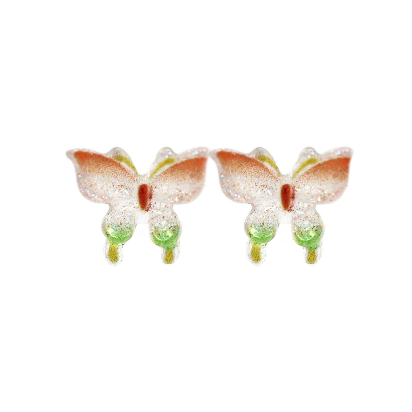 Two butterfly-shaped earrings on a white background