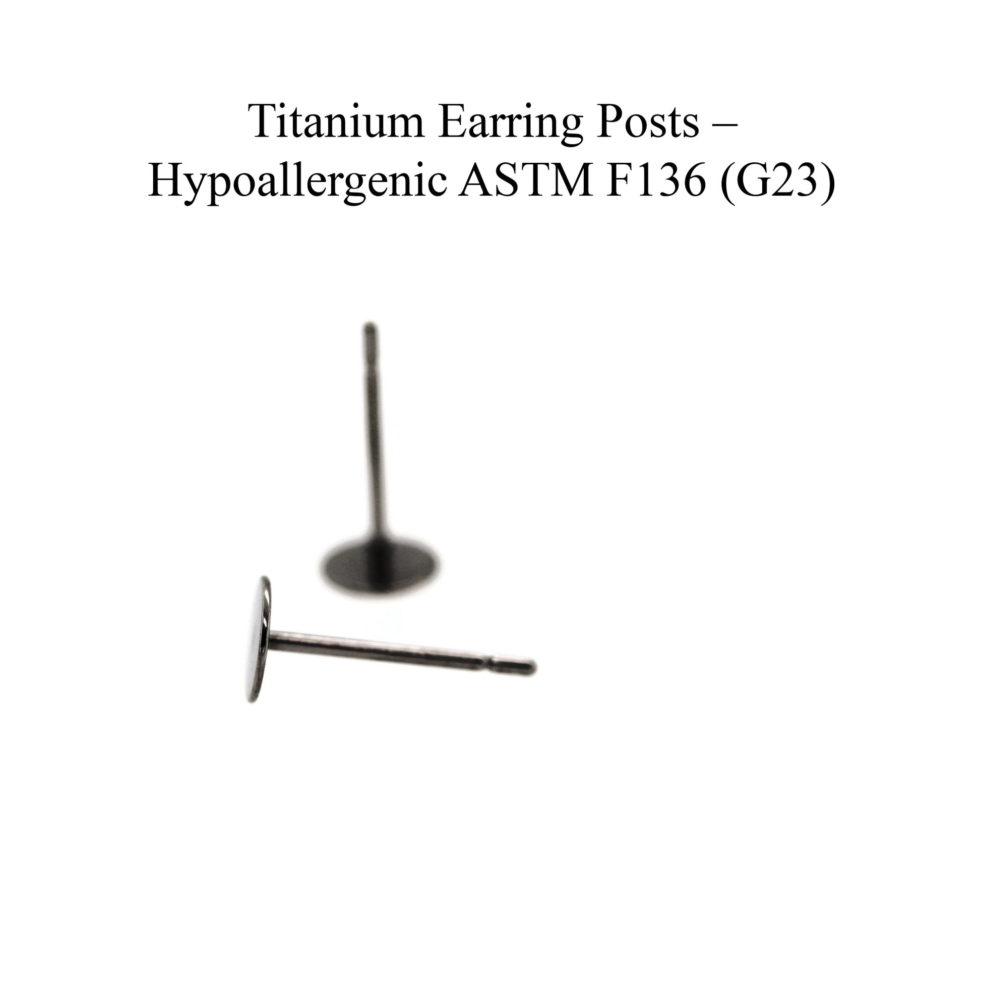 Titanium earring posts on a white background with text indicating hypoallergenic ASTM F136 (G23) certification.