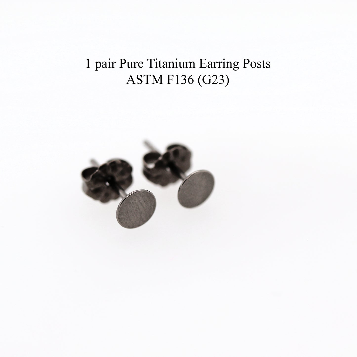 Pure Titanium Earring Posts on a white background with text indicating ASTM F136 (G23) standard.