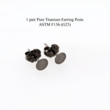 Pure Titanium Earring Posts on a white background with text indicating ASTM F136 (G23) standard.