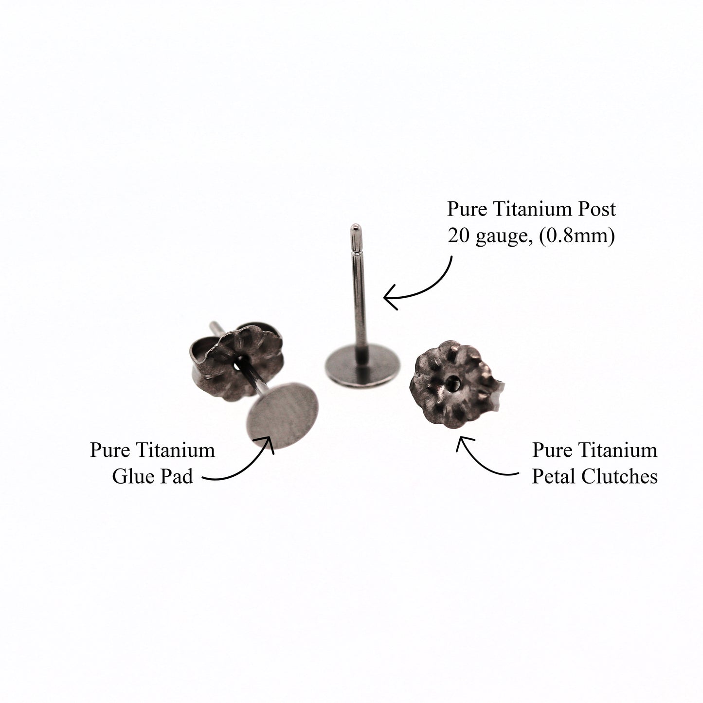 Pure titanium earring components labeled on a white background