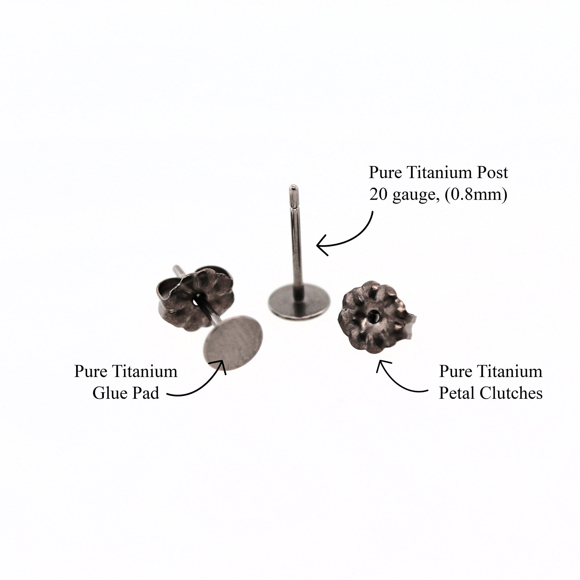 Pure titanium earring components labeled on a white background