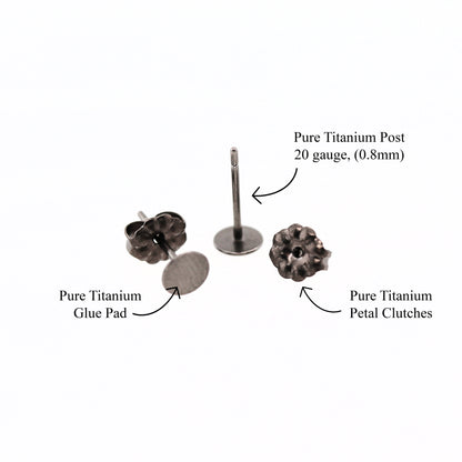 Pure titanium earring components labeled on a white background