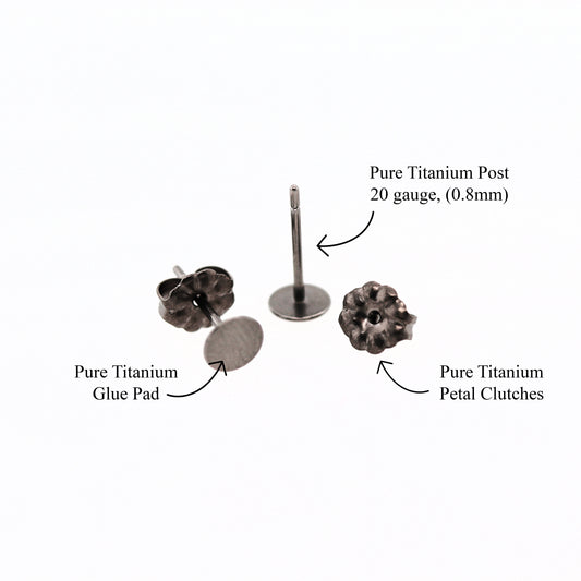Pure titanium earring components labeled on a white background