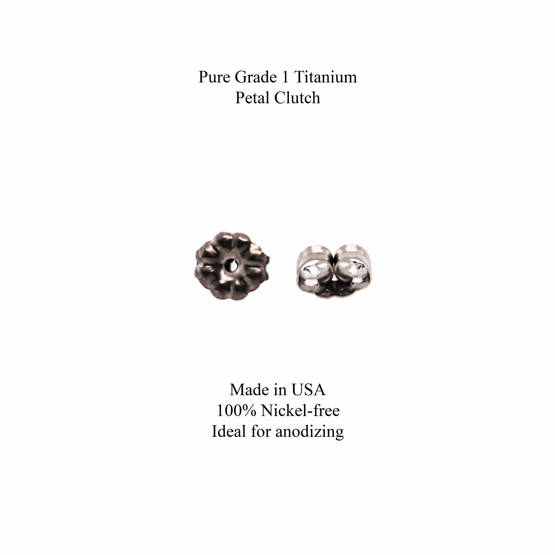 Two Pure Grade 1 Titanium Petal Clutches on a white background with text about their features.