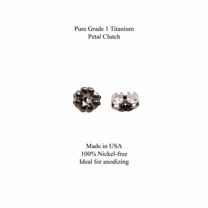 Two Pure Grade 1 Titanium Petal Clutches on a white background with text about their features.