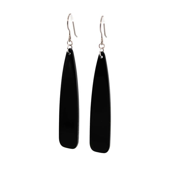 Black teardrop-shaped earrings on a white background
