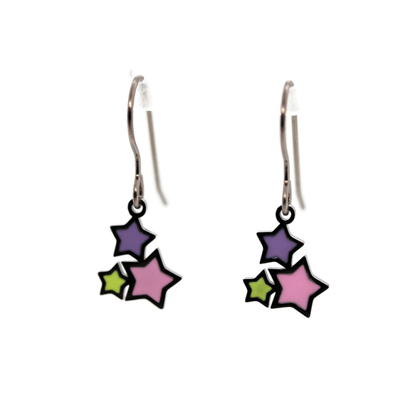 Star-shaped earrings with colorful stars on a white background