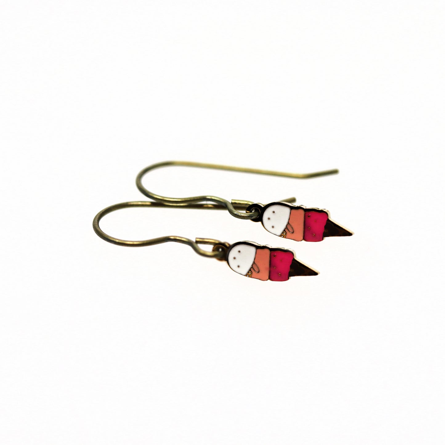 Pair of earrings with colorful ice cream cone design on a white background