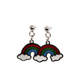 Pair of rainbow-shaped earrings with cloud designs on a white background