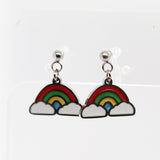 Pair of rainbow and cloud earrings on a white background