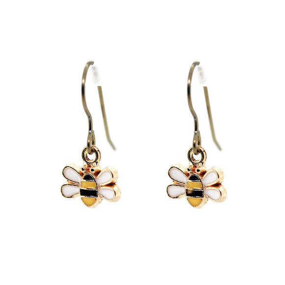Bee-shaped earrings with gold and white design on a white background