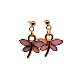 Pair of pink dragonfly-shaped earrings with gold accents on a white background