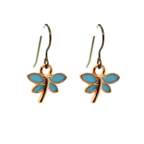 Dragonfly-shaped earrings with blue wings and gold body on a white background