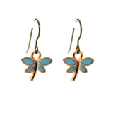 Dragonfly-shaped earrings with blue wings and gold body on a white background