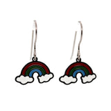 Rainbow and cloud earrings on silver hooks against a white background