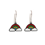 Rainbow and cloud earrings on a white background