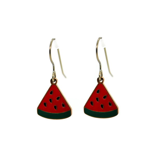 Watermelon slice earrings on a white background