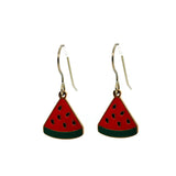 Watermelon slice earrings on a white background