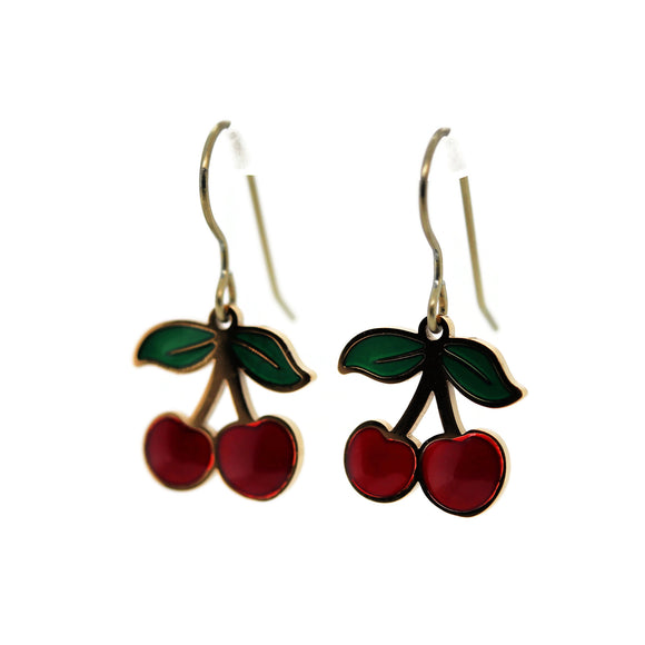Cherry-themed earrings on a white background