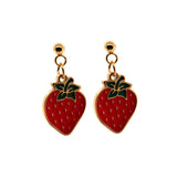 Strawberry-shaped earrings with gold hooks on a white background