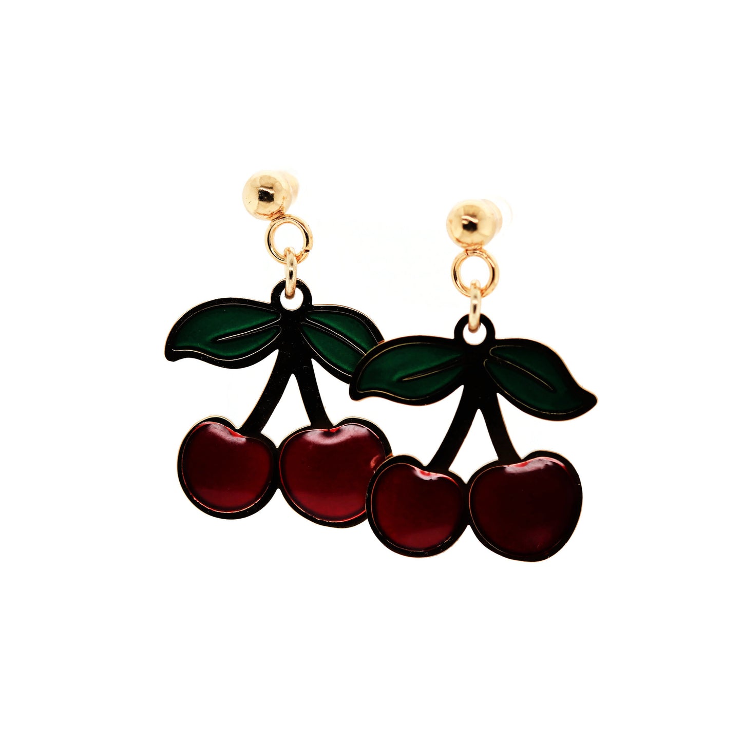 Cherry-themed earrings on a white background