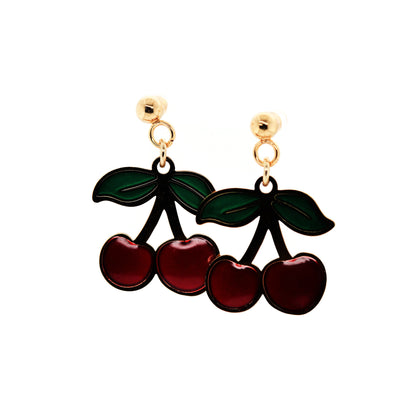 Cherry-themed earrings on a white background
