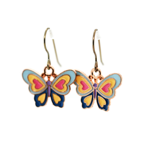 Butterfly-shaped earrings with colorful design on a white background