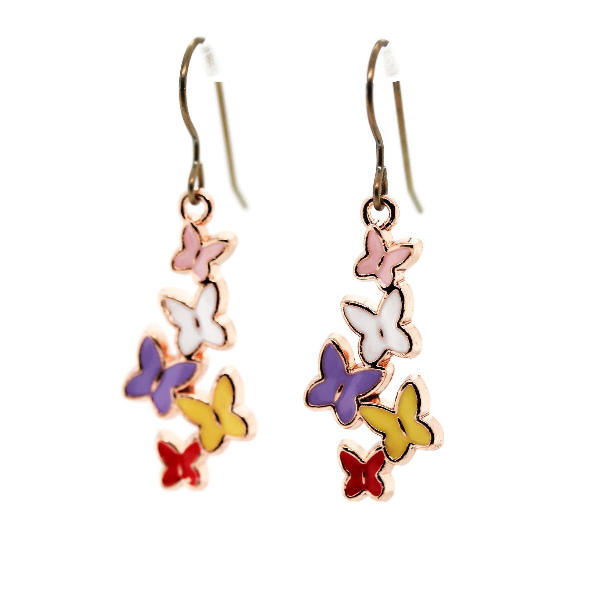 Butterfly-shaped earrings with colorful wings on a white background