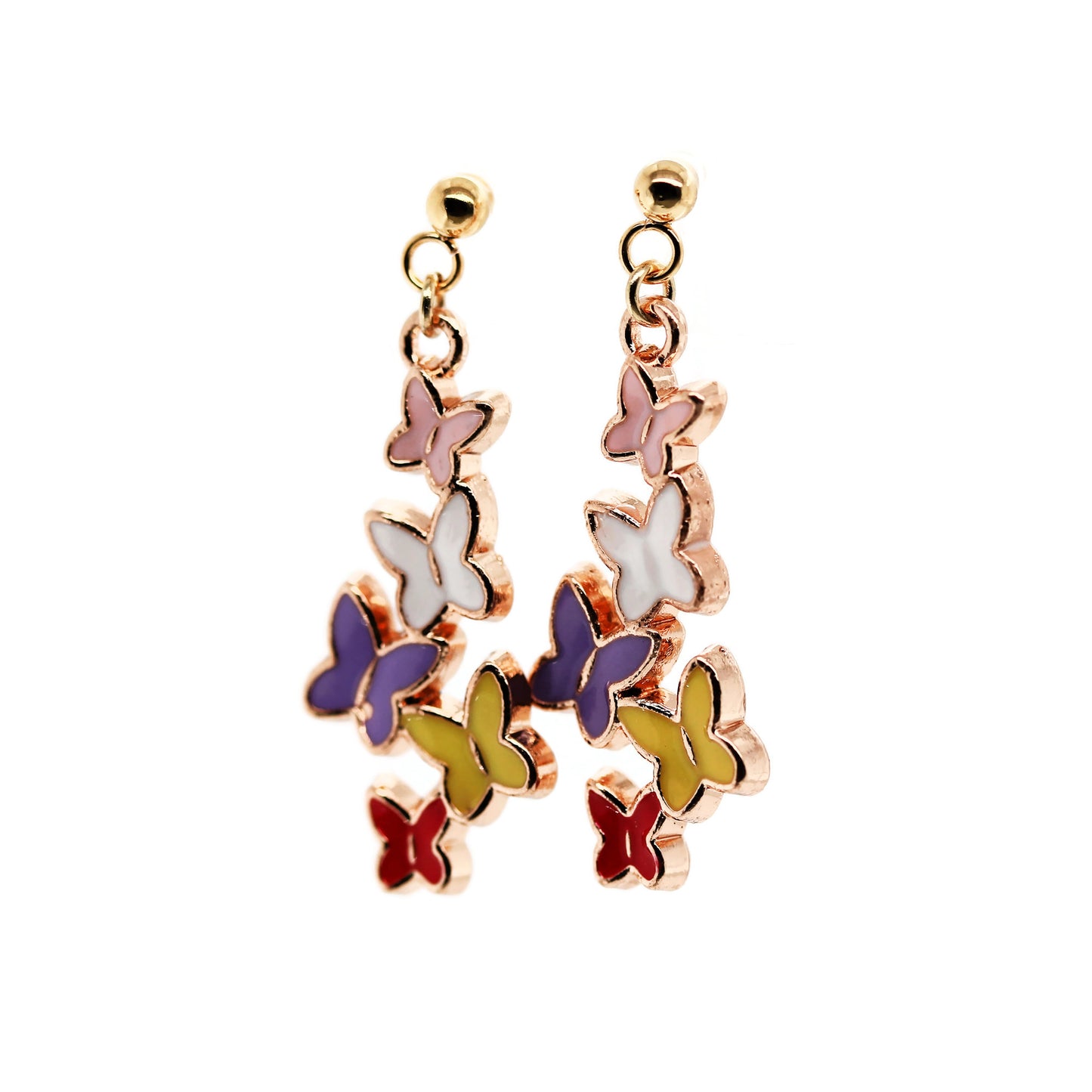 Butterfly-shaped earrings with colorful wings on a white background