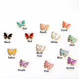 Butterfly-shaped earrings in various colors with labels on a white background
